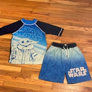 Baby Yoda boys swim trunks size 4-5 rash guard swimsuit set Star Wars
